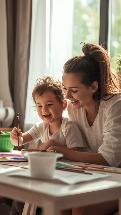 Mother and child enjoying art time together at home